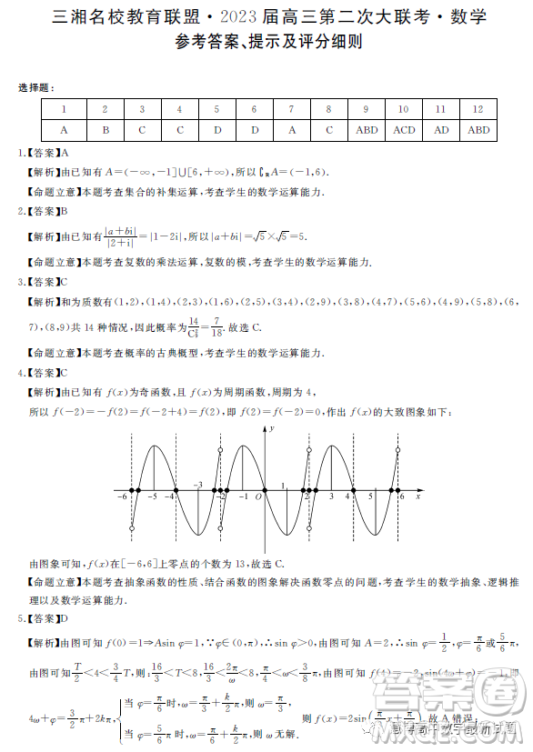 2023屆三湘名校高三第二次大聯(lián)考試卷數(shù)學(xué)答案