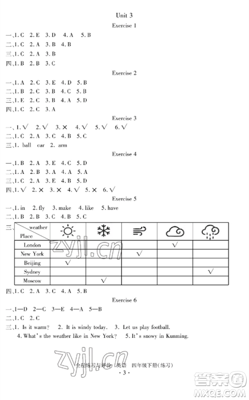 浙江人民出版社2023全程練習(xí)與評(píng)價(jià)四年級(jí)英語下冊(cè)人教版參考答案