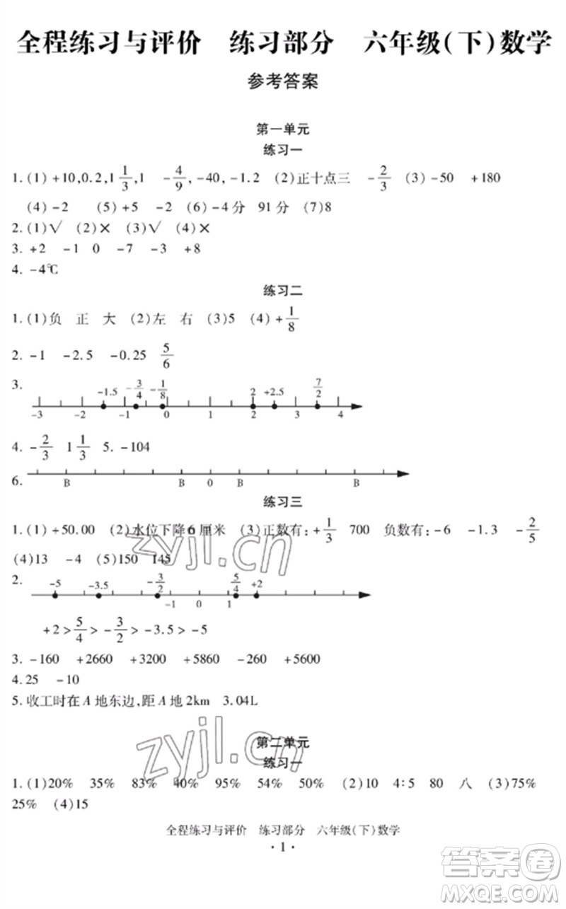 浙江人民出版社2023全程練習(xí)與評(píng)價(jià)六年級(jí)數(shù)學(xué)下冊(cè)人教版參考答案