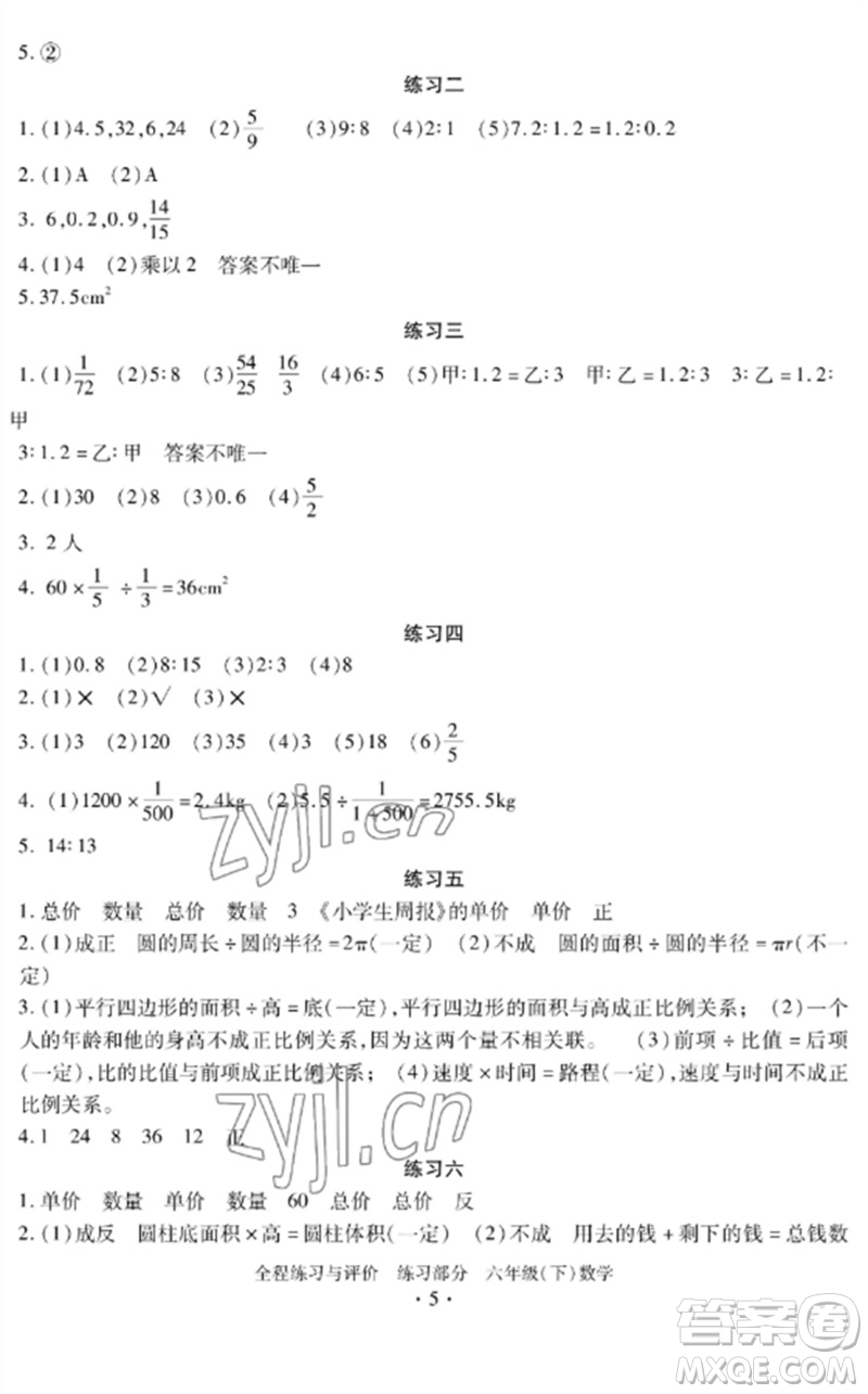 浙江人民出版社2023全程練習(xí)與評(píng)價(jià)六年級(jí)數(shù)學(xué)下冊(cè)人教版參考答案