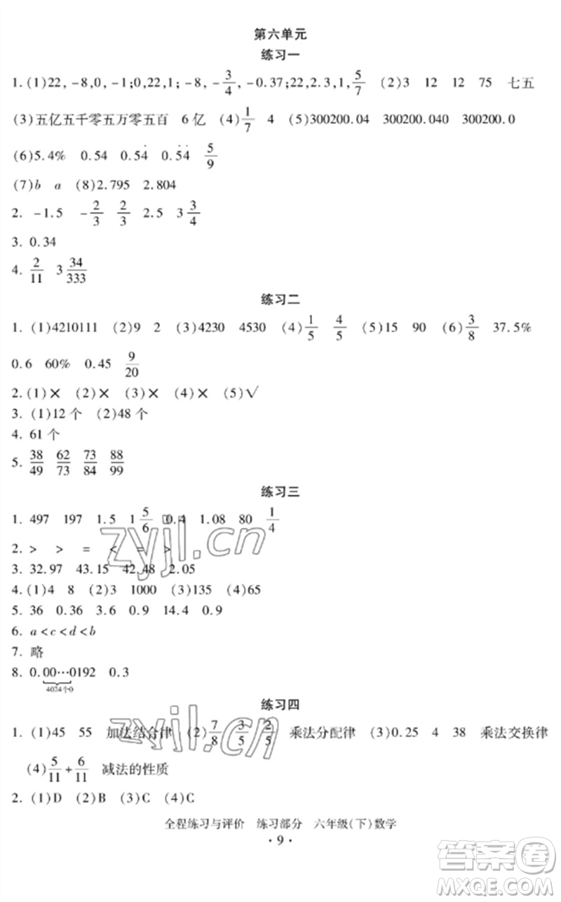 浙江人民出版社2023全程練習(xí)與評(píng)價(jià)六年級(jí)數(shù)學(xué)下冊(cè)人教版參考答案