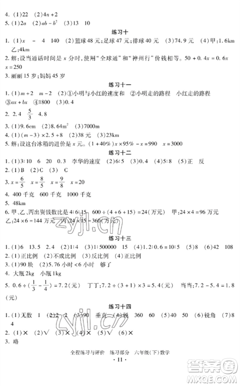 浙江人民出版社2023全程練習(xí)與評(píng)價(jià)六年級(jí)數(shù)學(xué)下冊(cè)人教版參考答案