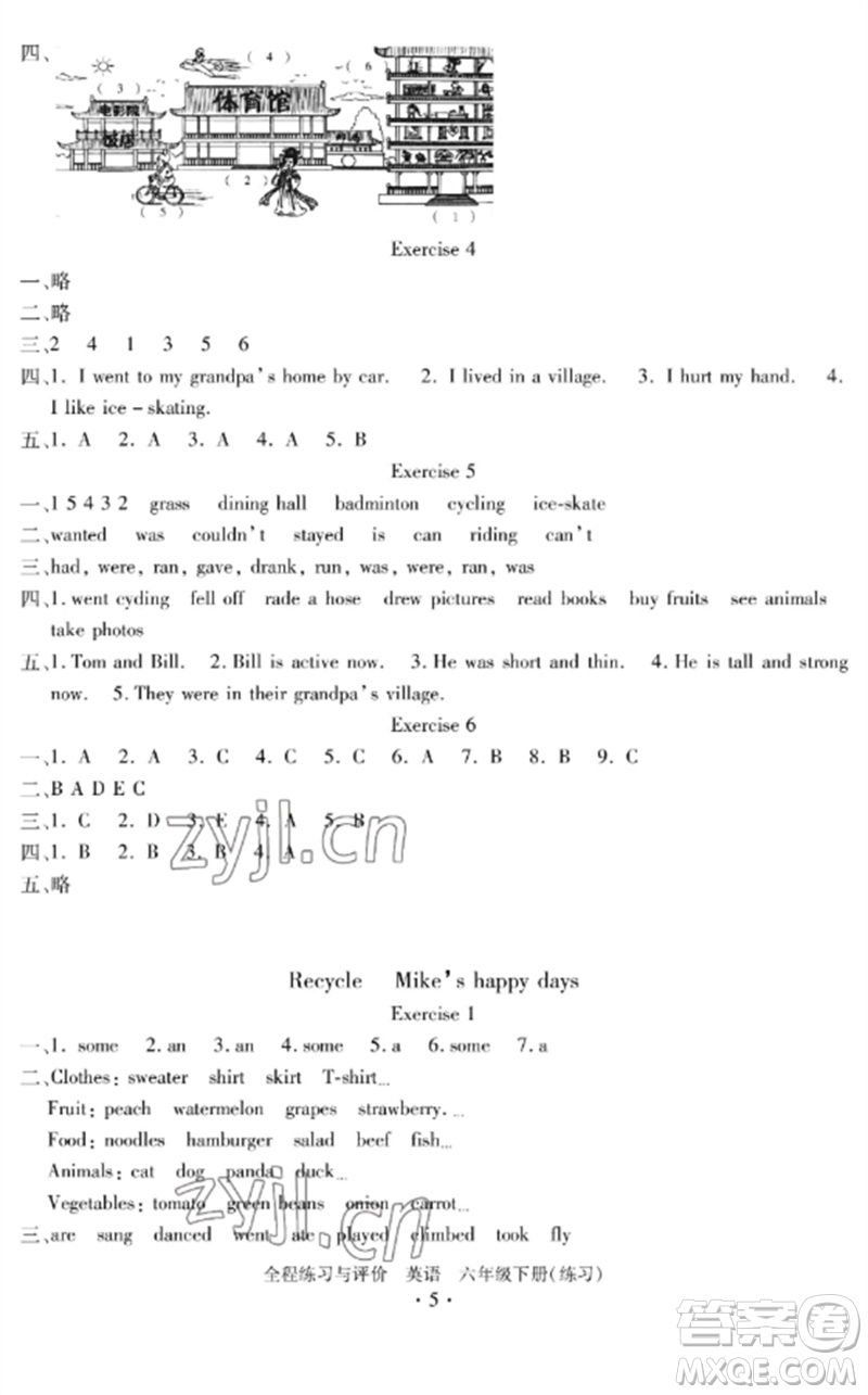 浙江人民出版社2023全程練習與評價六年級英語下冊人教版參考答案