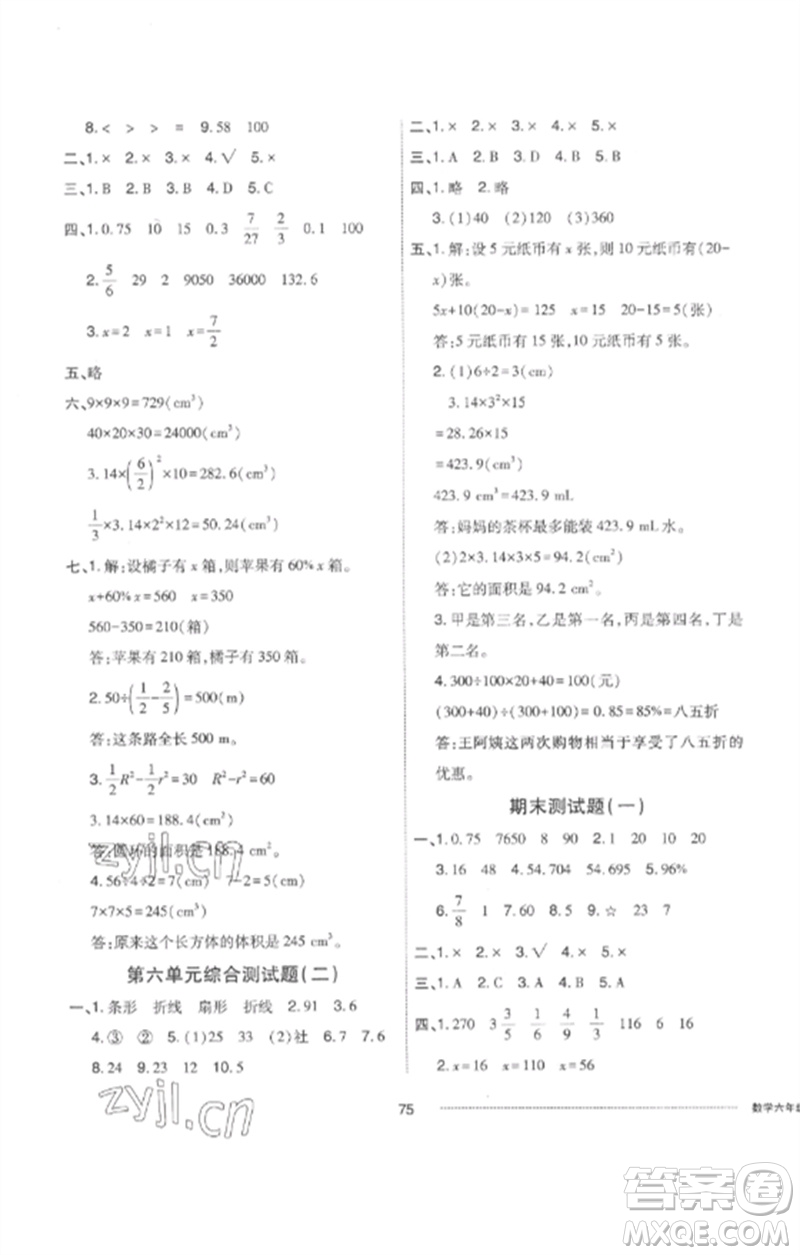 山東科學(xué)技術(shù)出版社2023同步練習(xí)冊配套單元自測卷六年級數(shù)學(xué)下冊人教版參考答案