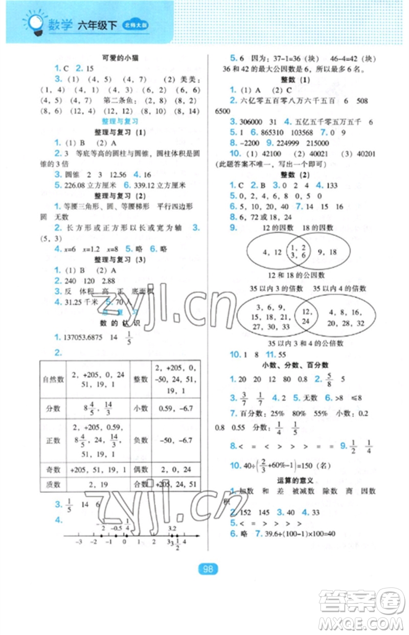 遼海出版社2023新課程能力培養(yǎng)六年級數(shù)學(xué)下冊北師大版參考答案