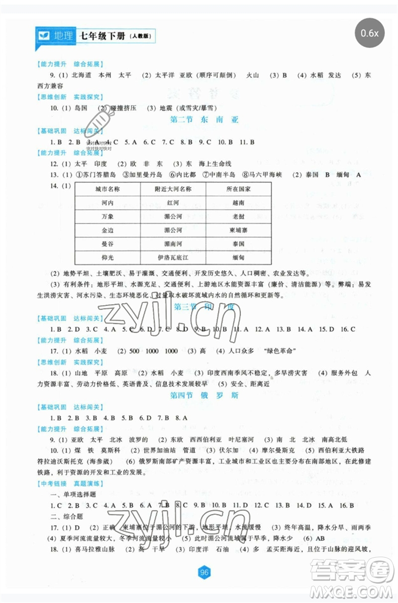 遼海出版社2023新課程地理能力培養(yǎng)七年級(jí)下冊(cè)人教版參考答案