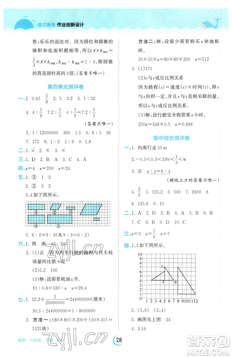 江西人民出版社2023王朝霞德才兼?zhèn)渥鳂I(yè)創(chuàng)新設(shè)計(jì)六年級(jí)下冊(cè)數(shù)學(xué)人教版參考答案