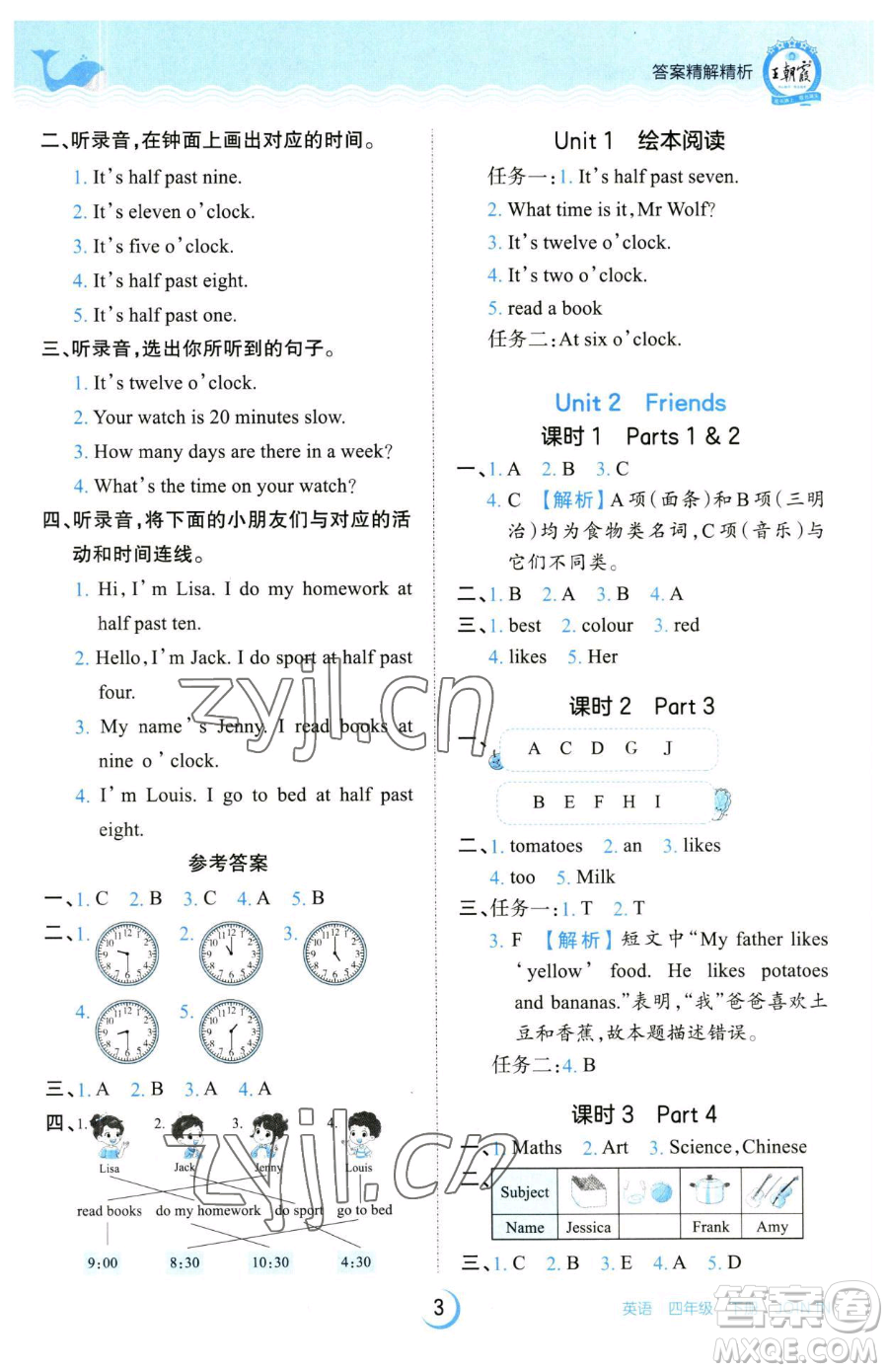 江西人民出版社2023王朝霞德才兼?zhèn)渥鳂I(yè)創(chuàng)新設(shè)計(jì)四年級(jí)下冊(cè)英語(yǔ)劍橋版參考答案