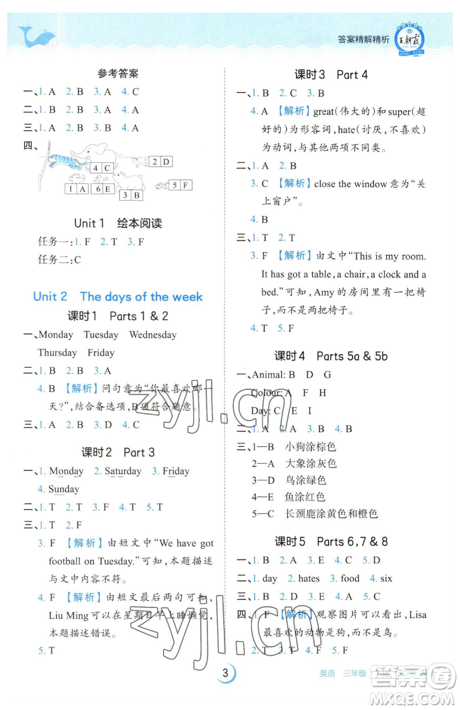 江西人民出版社2023王朝霞德才兼?zhèn)渥鳂I(yè)創(chuàng)新設(shè)計(jì)三年級(jí)下冊(cè)英語(yǔ)劍橋版參考答案