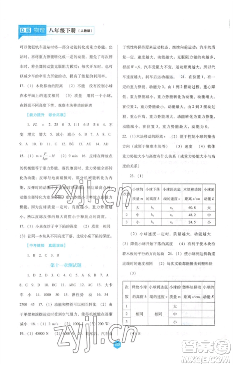 遼海出版社2023新課程物理能力培養(yǎng)八年級下冊人教版D版大連專用參考答案