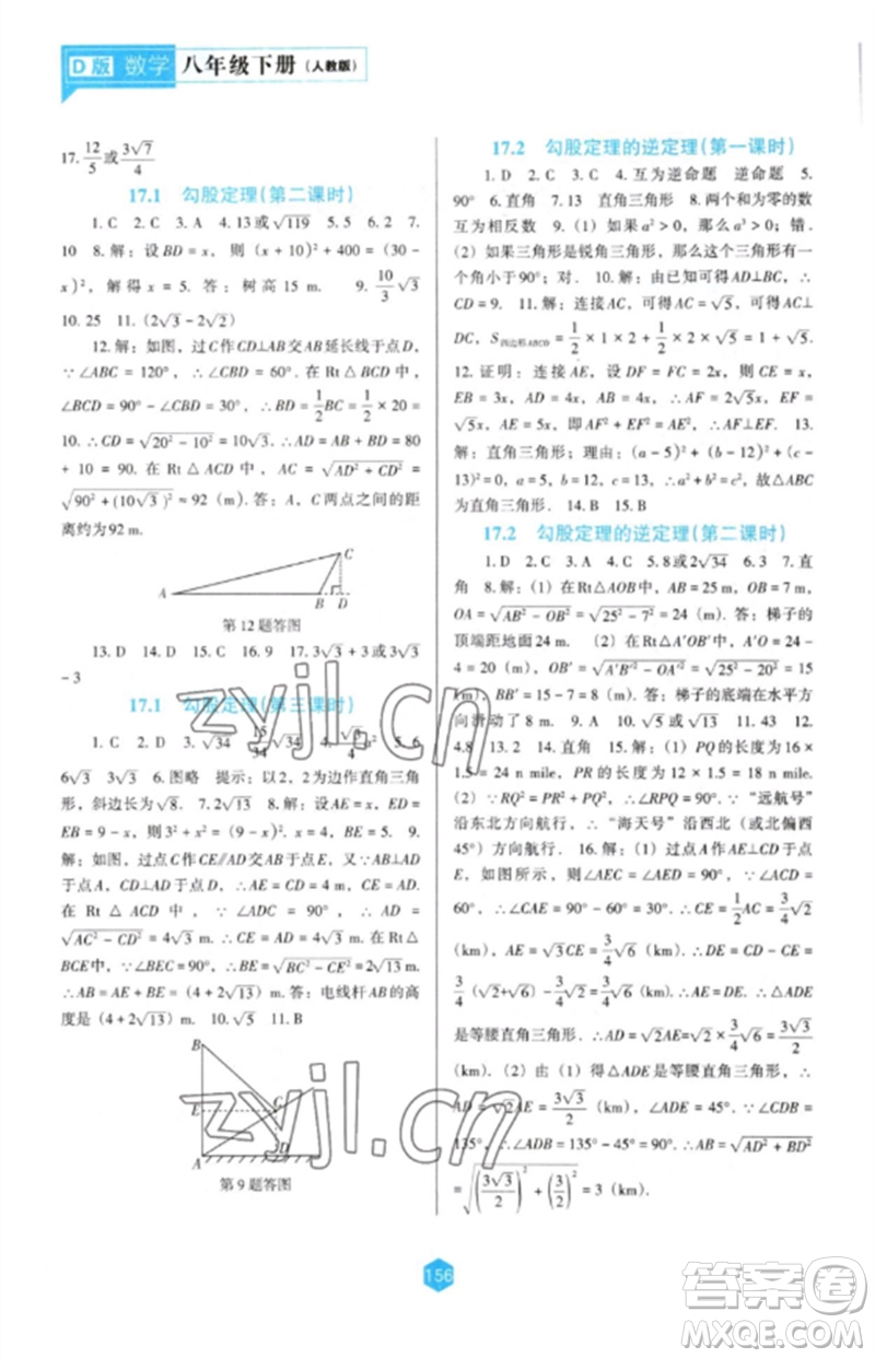 遼海出版社2023新課程數學能力培養(yǎng)八年級下冊人教版D版大連專用參考答案