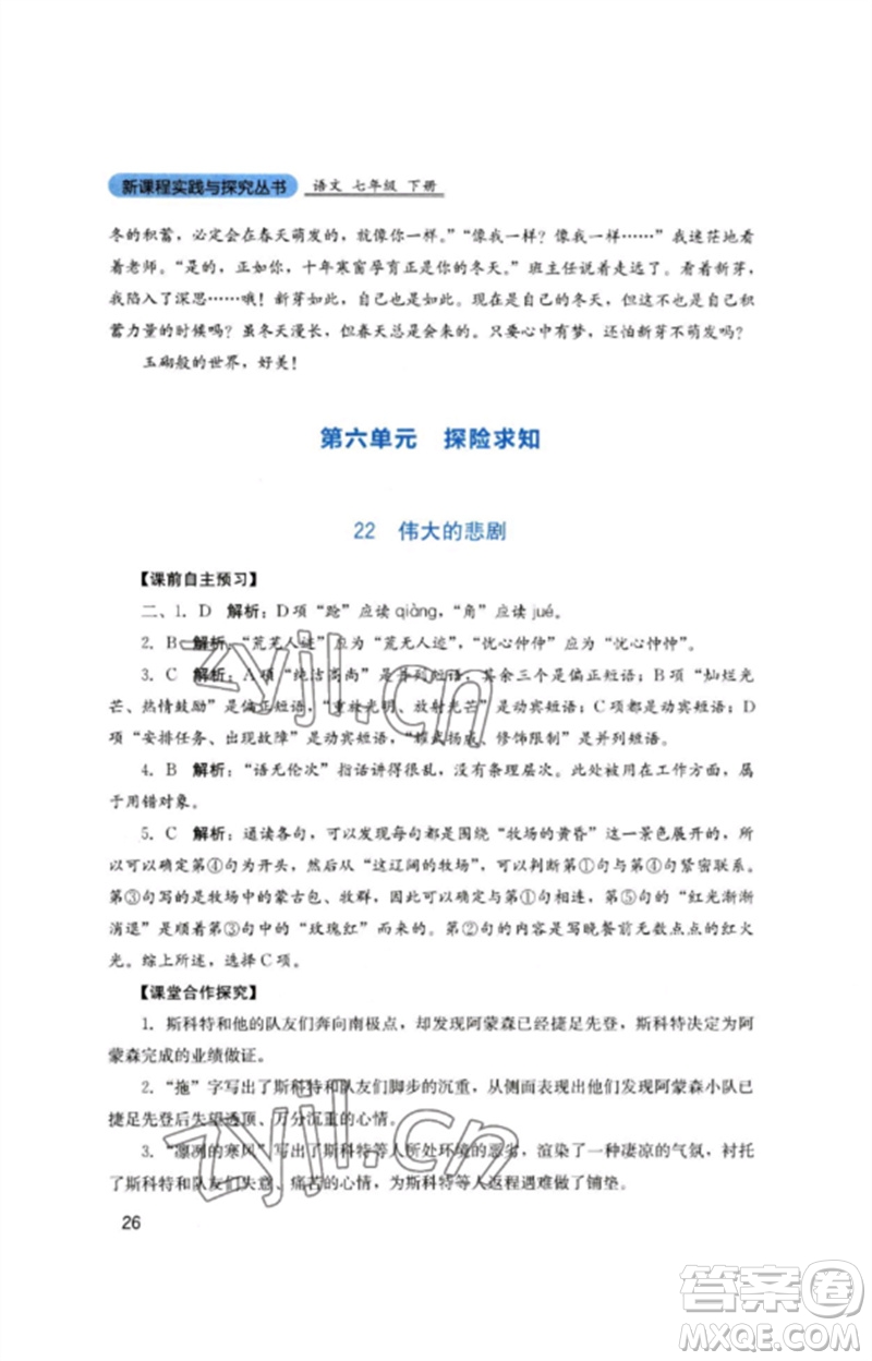 四川教育出版社2023新課程實(shí)踐與探究叢書七年級(jí)語(yǔ)文下冊(cè)人教版參考答案