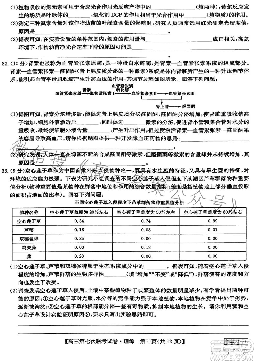 2023屆高三第七次百校大聯(lián)考試卷新教材L理科綜合答案