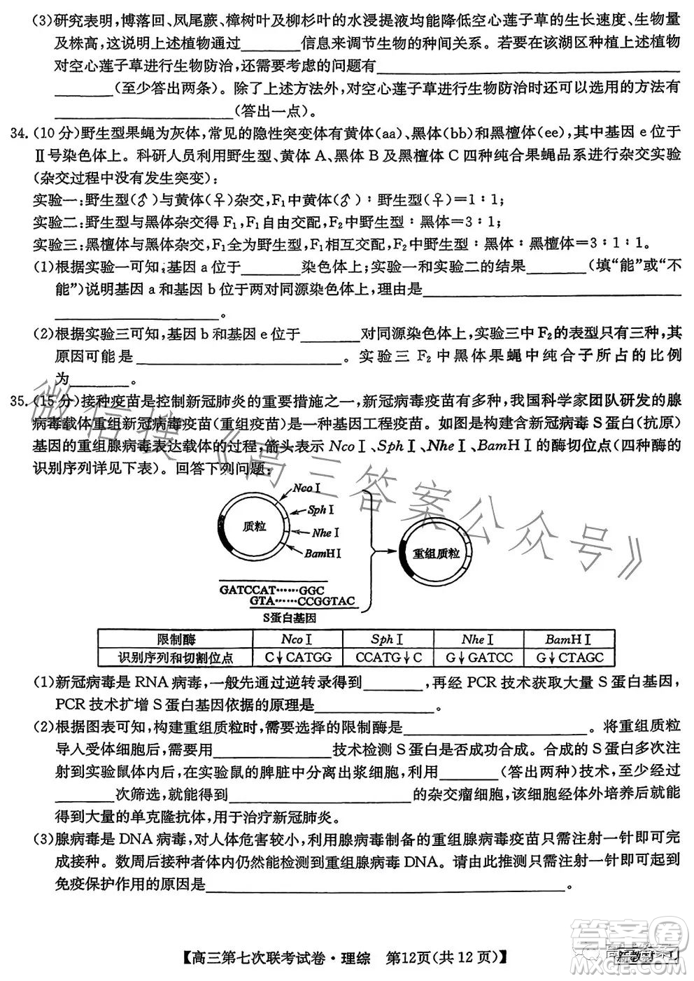 2023屆高三第七次百校大聯(lián)考試卷新教材L理科綜合答案