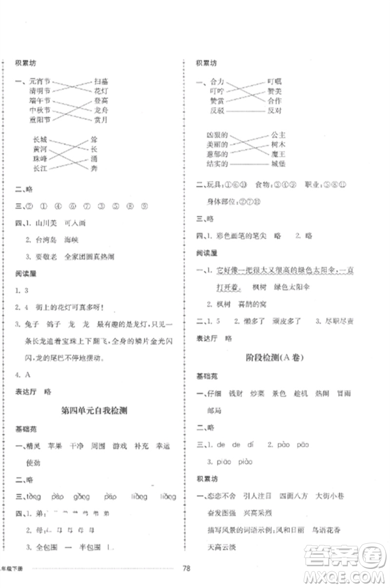 山東科學(xué)技術(shù)出版社2023同步練習(xí)冊配套單元自測卷二年級語文下冊人教版參考答案