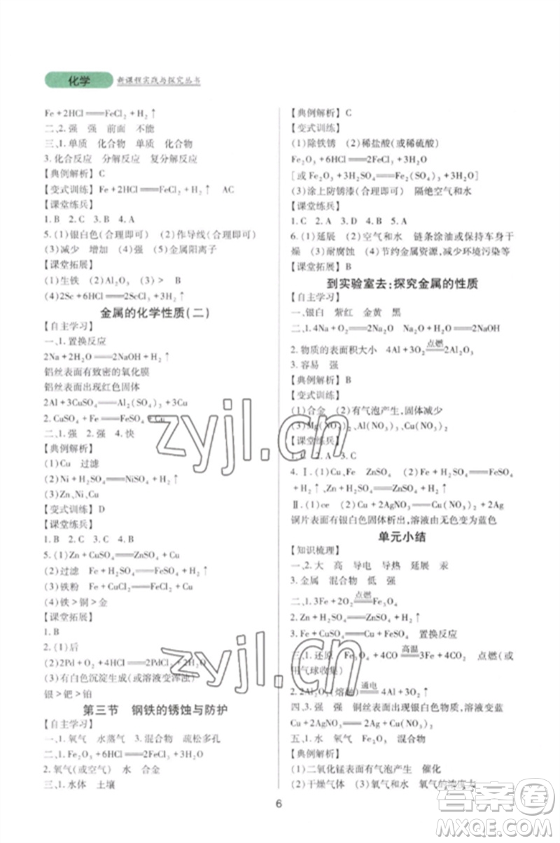 四川教育出版社2023新課程實踐與探究叢書九年級化學(xué)下冊魯教版參考答案