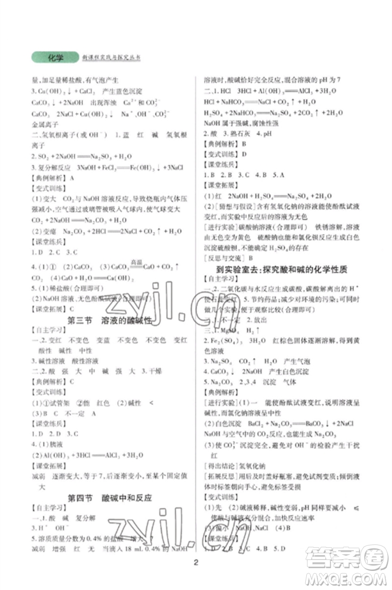 四川教育出版社2023新課程實踐與探究叢書九年級化學(xué)下冊魯教版參考答案