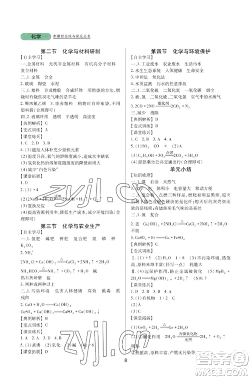 四川教育出版社2023新課程實踐與探究叢書九年級化學(xué)下冊魯教版參考答案