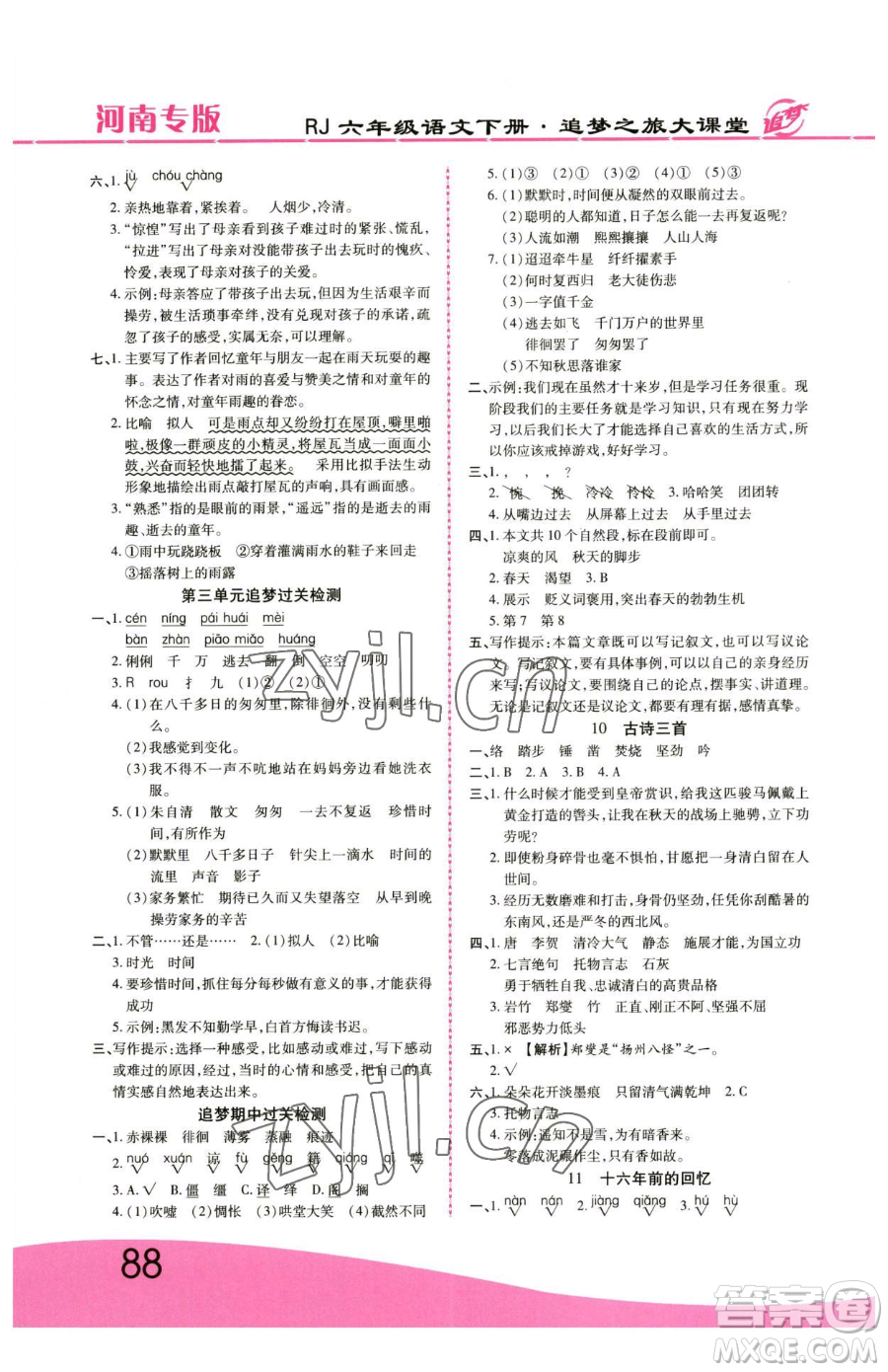 天津科學(xué)技術(shù)出版社2023追夢(mèng)之旅大課堂六年級(jí)下冊(cè)語文人教版河南專版參考答案