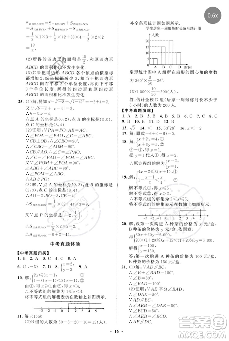 山東教育出版社2023初中同步練習冊分層卷七年級數(shù)學下冊人教版參考答案