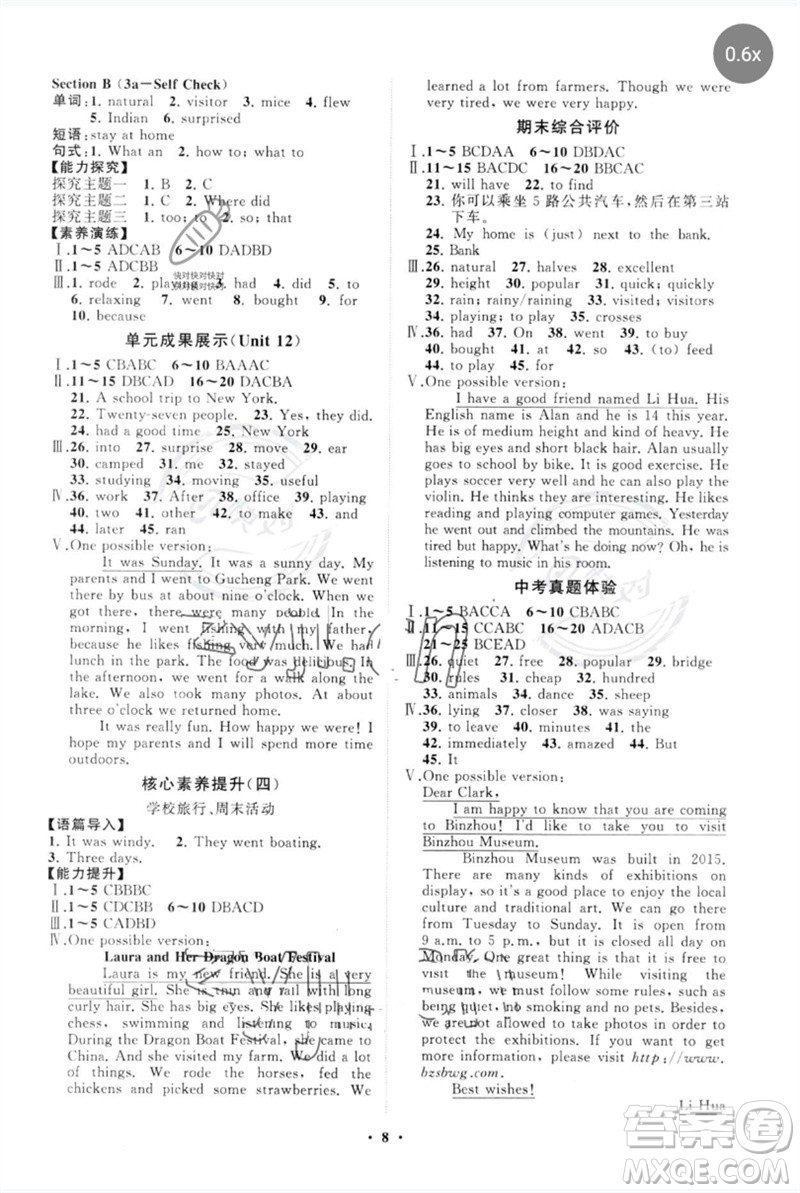 山東教育出版社2023初中同步練習(xí)冊(cè)分層卷七年級(jí)英語(yǔ)下冊(cè)人教版參考答案