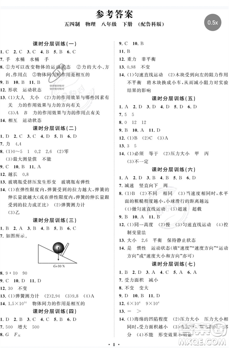 山東教育出版社2023初中同步練習(xí)冊分層卷八年級物理下冊魯科版五四制參考答案