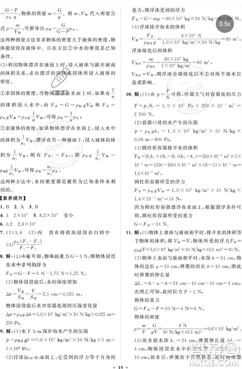 山東教育出版社2023初中同步練習(xí)冊分層卷八年級物理下冊魯科版五四制參考答案