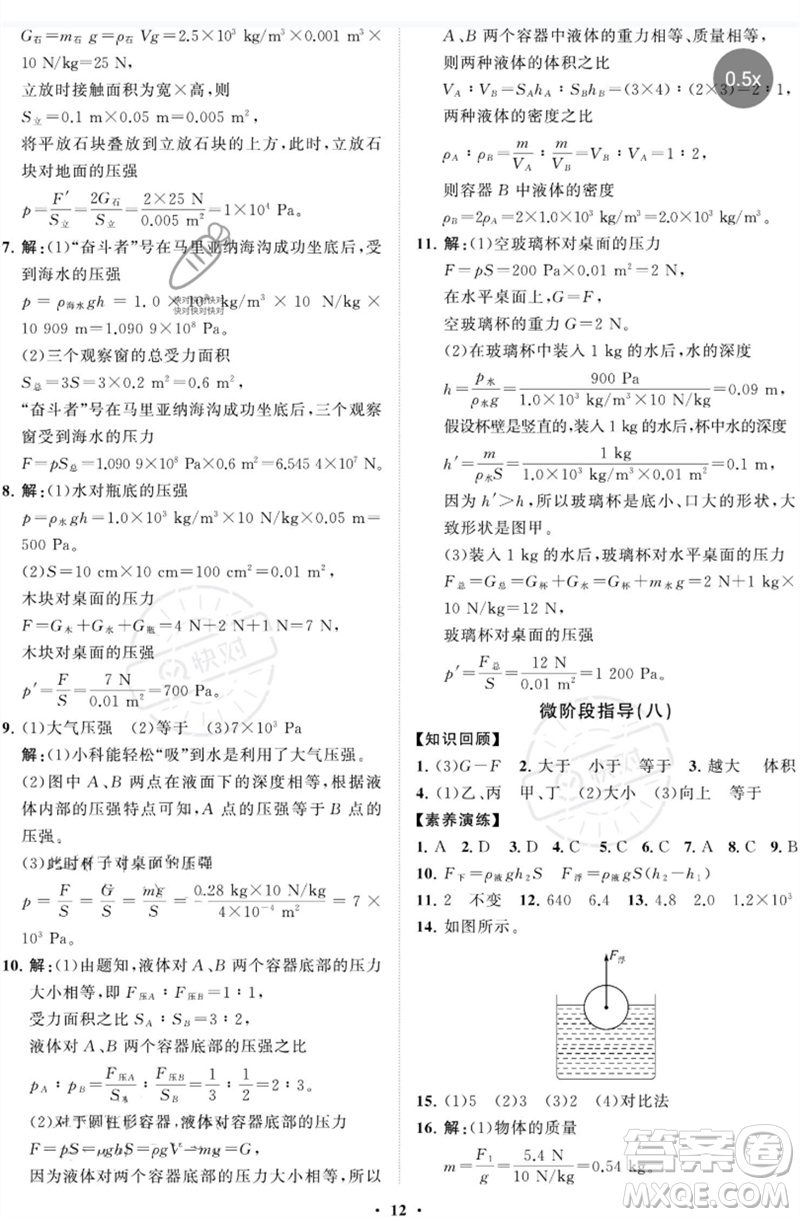 山東教育出版社2023初中同步練習(xí)冊分層卷八年級物理下冊魯科版五四制參考答案