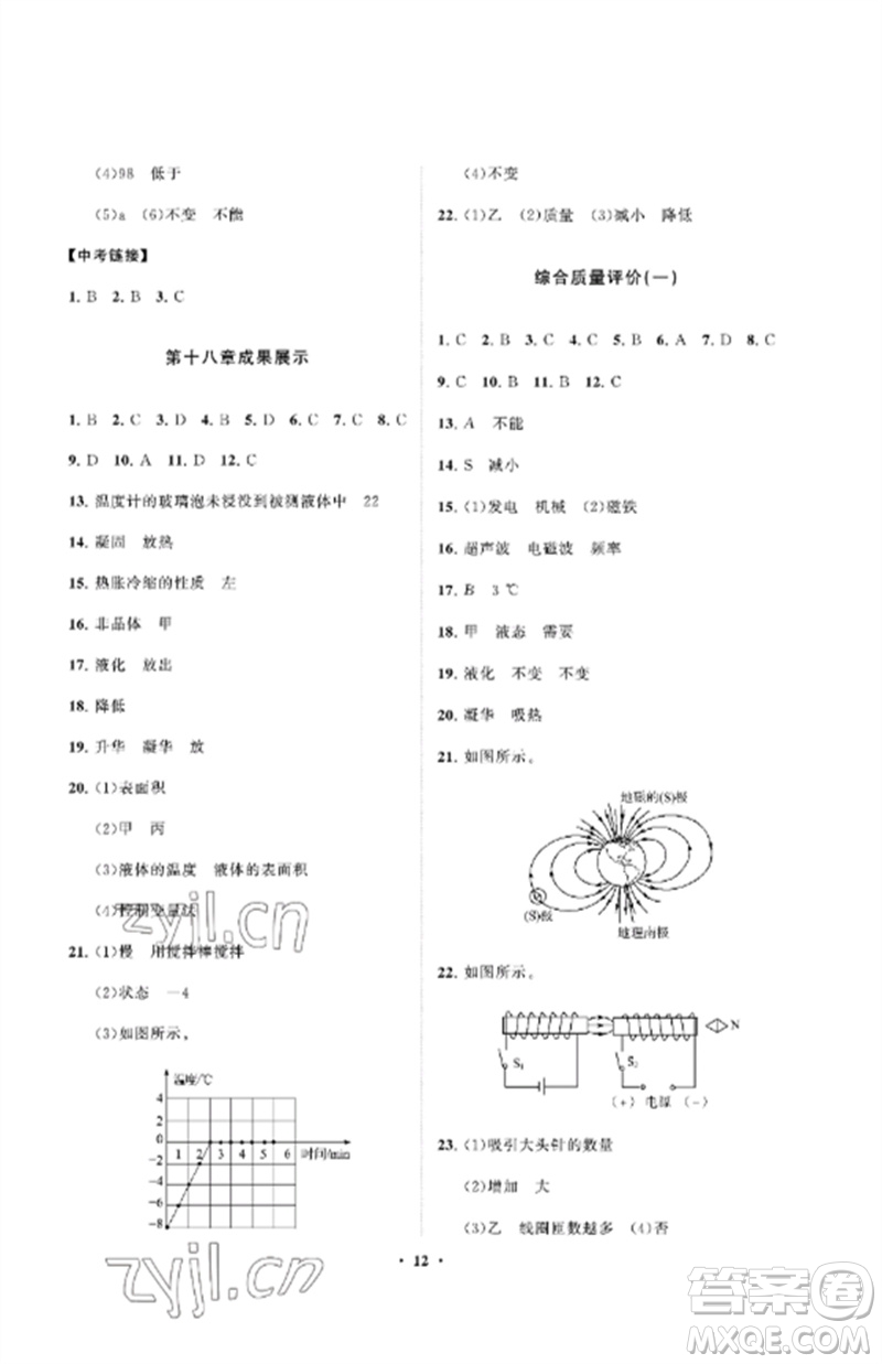 山東教育出版社2023初中同步練習(xí)冊分層卷九年級物理下冊魯科版五四制參考答案