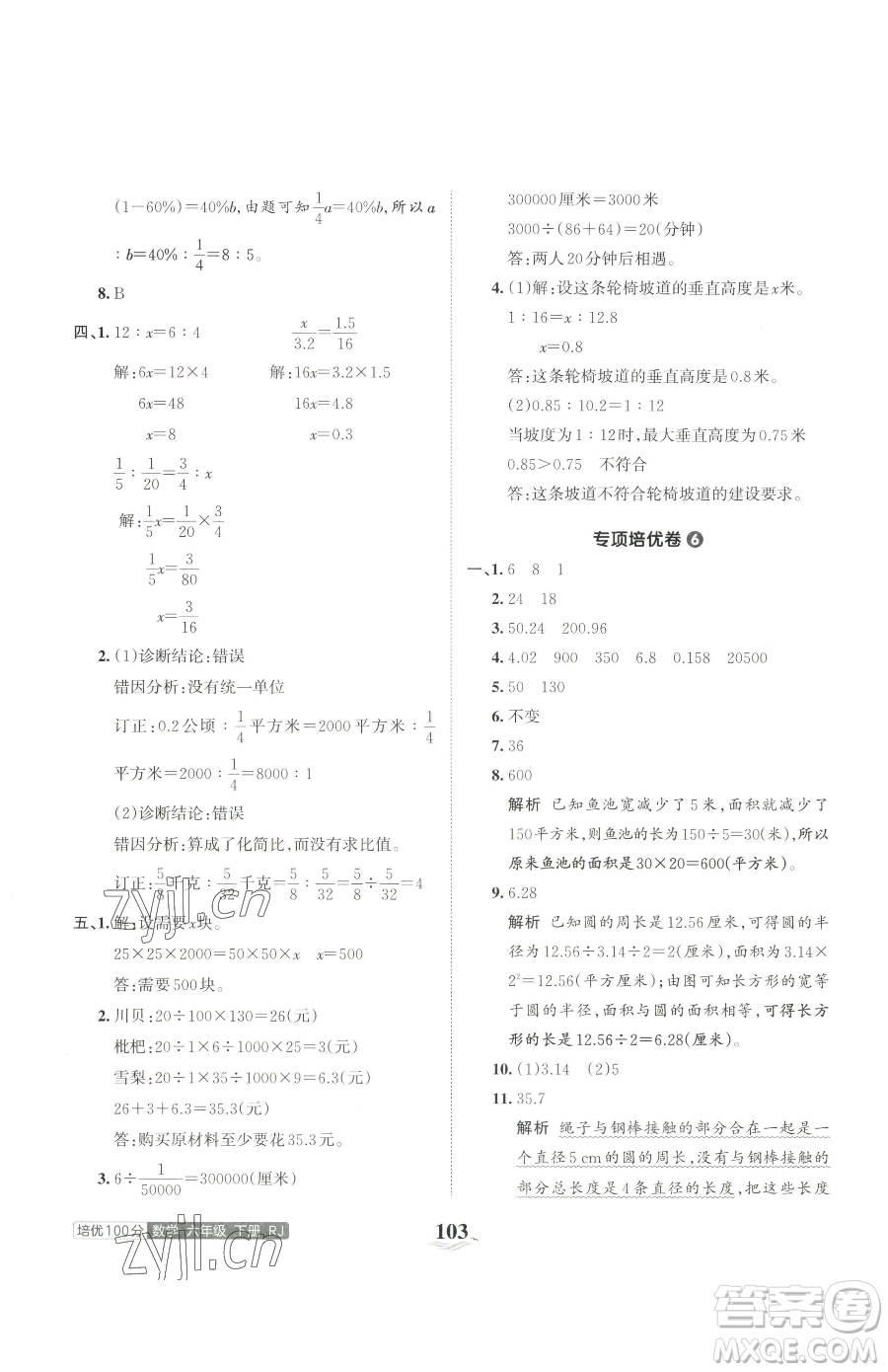 江西人民出版社2023王朝霞培優(yōu)100分六年級(jí)下冊(cè)數(shù)學(xué)人教版參考答案