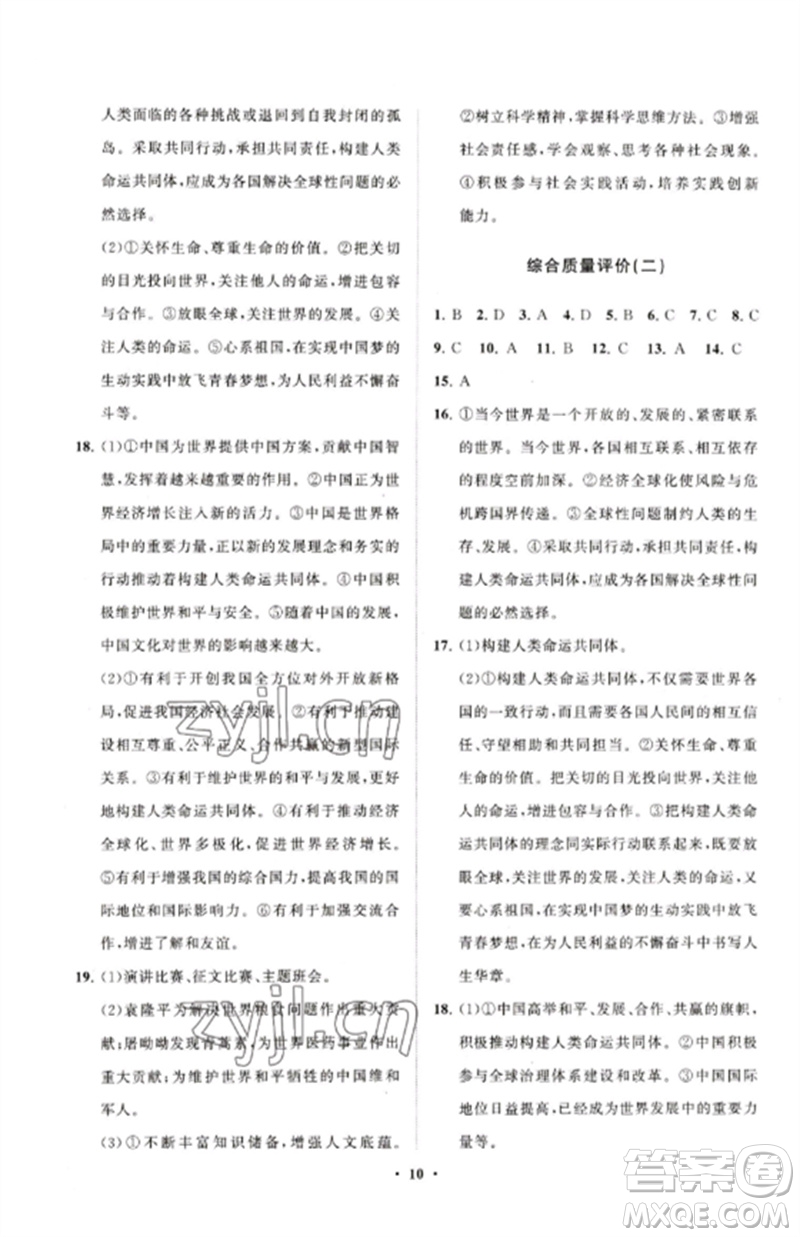 山東教育出版社2023初中同步練習(xí)冊分層卷九年級道德與法治下冊人教版五四制參考答案