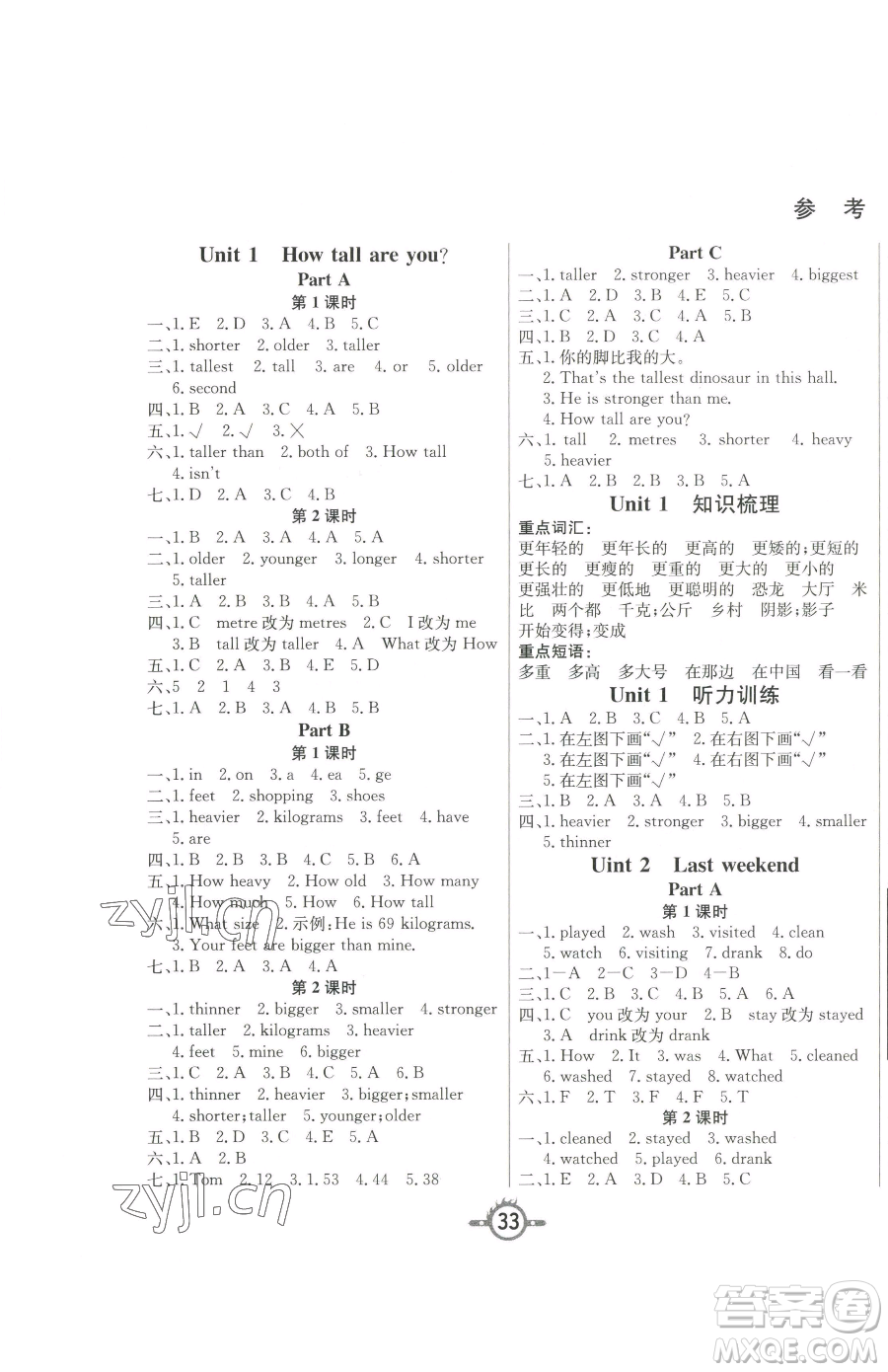 西安出版社2023創(chuàng)新課課練作業(yè)本六年級下冊英語人教PEP版參考答案