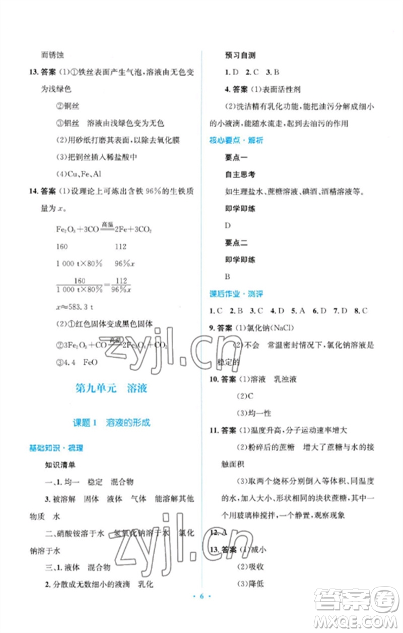 人民教育出版社2023人教金學(xué)典同步解析與測評學(xué)考練九年級(jí)化學(xué)下冊人教版廣東專版參考答案