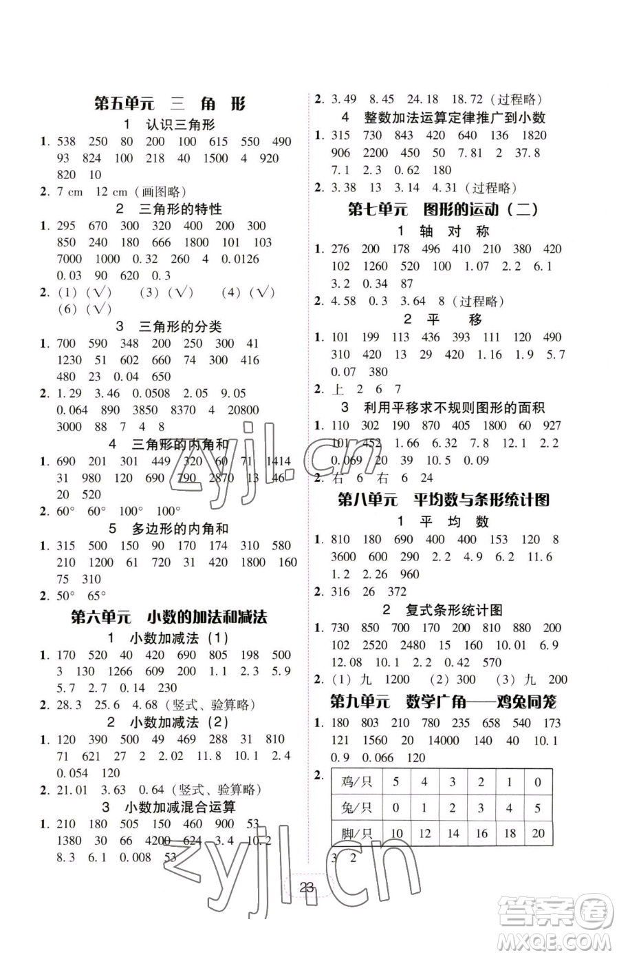 安徽人民出版社2023教與學完美學案四年級下冊數(shù)學人教版參考答案