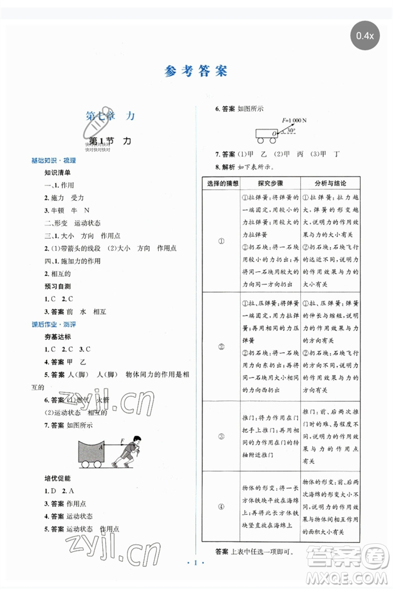 人民教育出版社2023人教金學(xué)典同步解析與測評學(xué)考練八年級物理下冊人教版參考答案