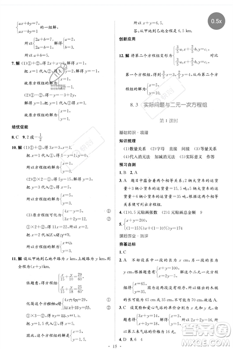 人民教育出版社2023人教金學典同步解析與測評學考練七年級數(shù)學下冊人教版參考答案