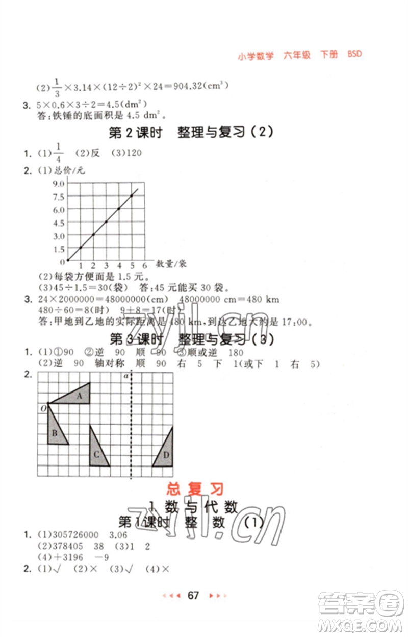 首都師范大學(xué)出版社2023年春53隨堂測六年級數(shù)學(xué)下冊北師大版參考答案