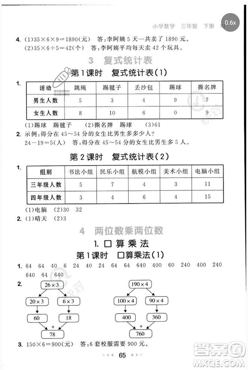 首都師范大學(xué)出版社2023年春53隨堂測三年級數(shù)學(xué)下冊人教版參考答案