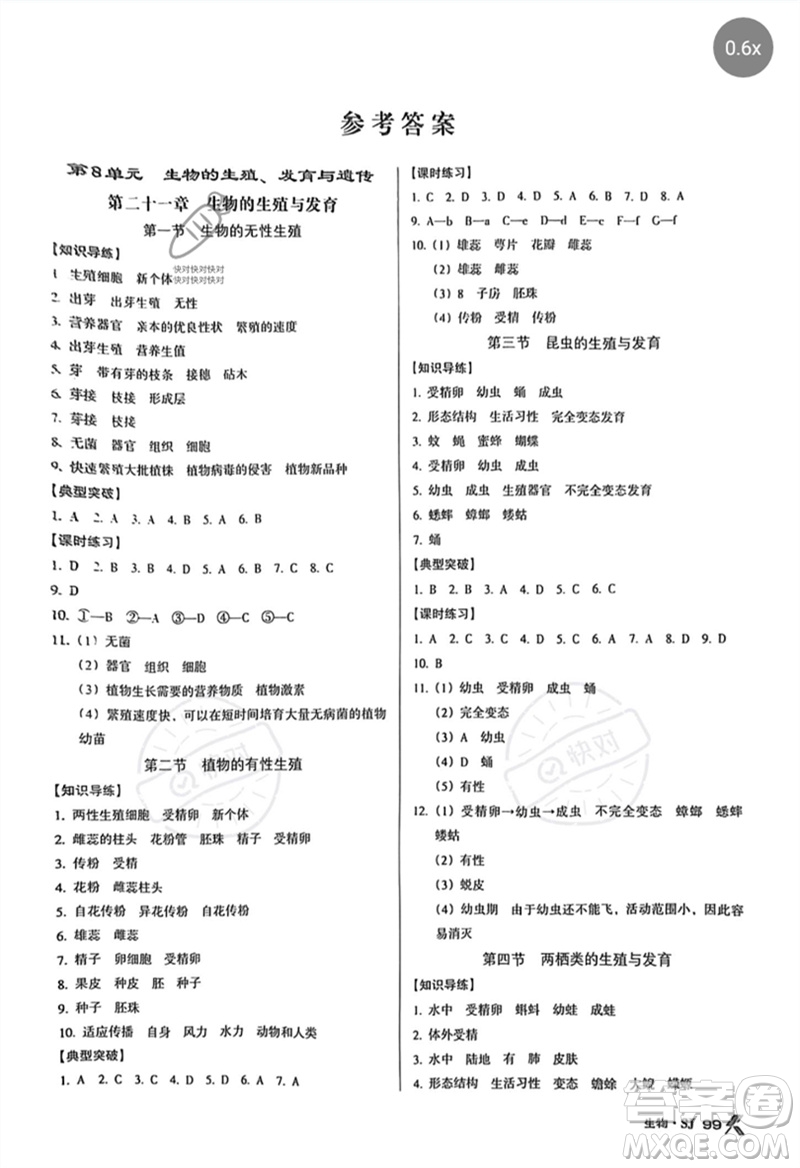 廣東經(jīng)濟出版社2023全優(yōu)點練課計劃八年級生物下冊蘇教版參考答案