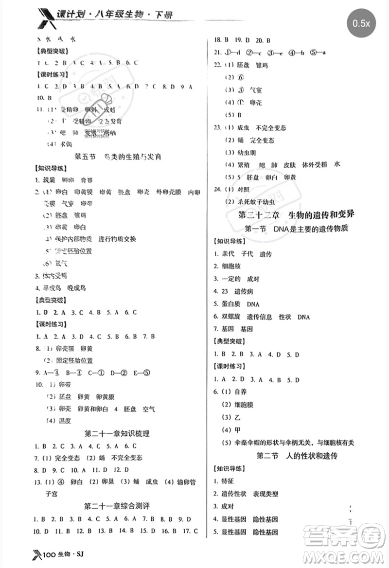 廣東經(jīng)濟出版社2023全優(yōu)點練課計劃八年級生物下冊蘇教版參考答案