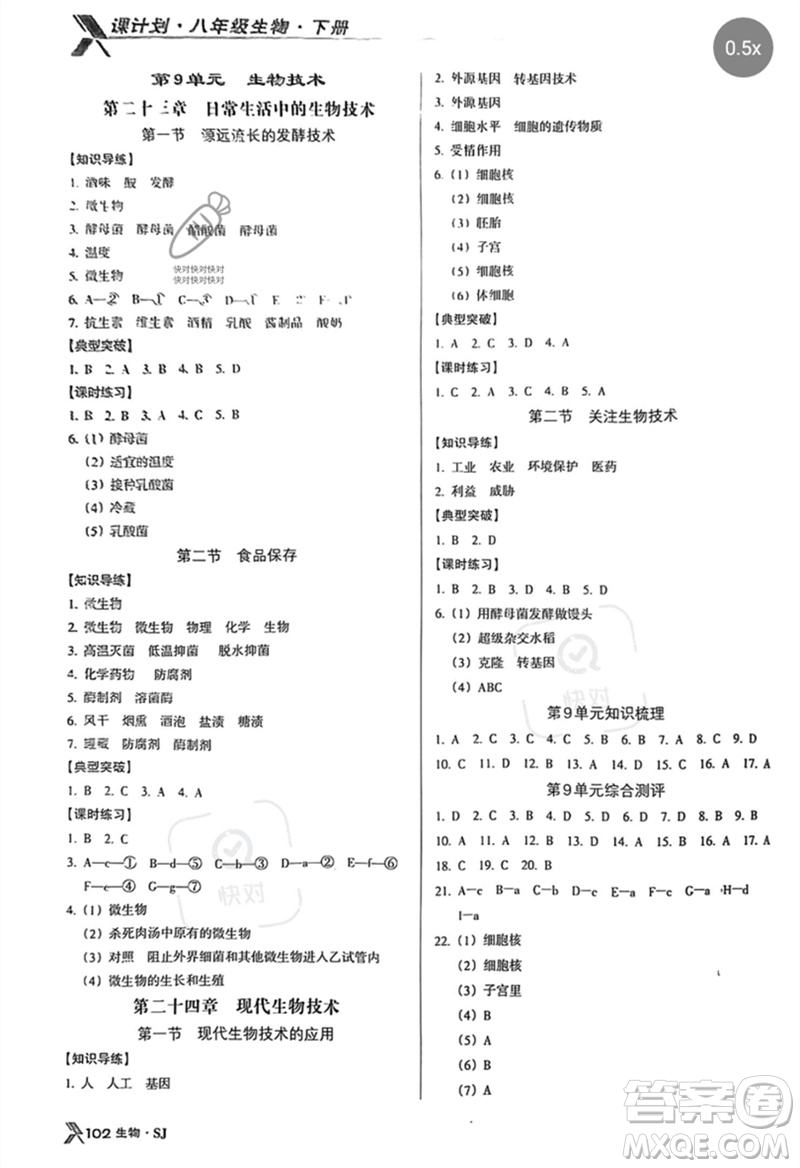 廣東經(jīng)濟出版社2023全優(yōu)點練課計劃八年級生物下冊蘇教版參考答案