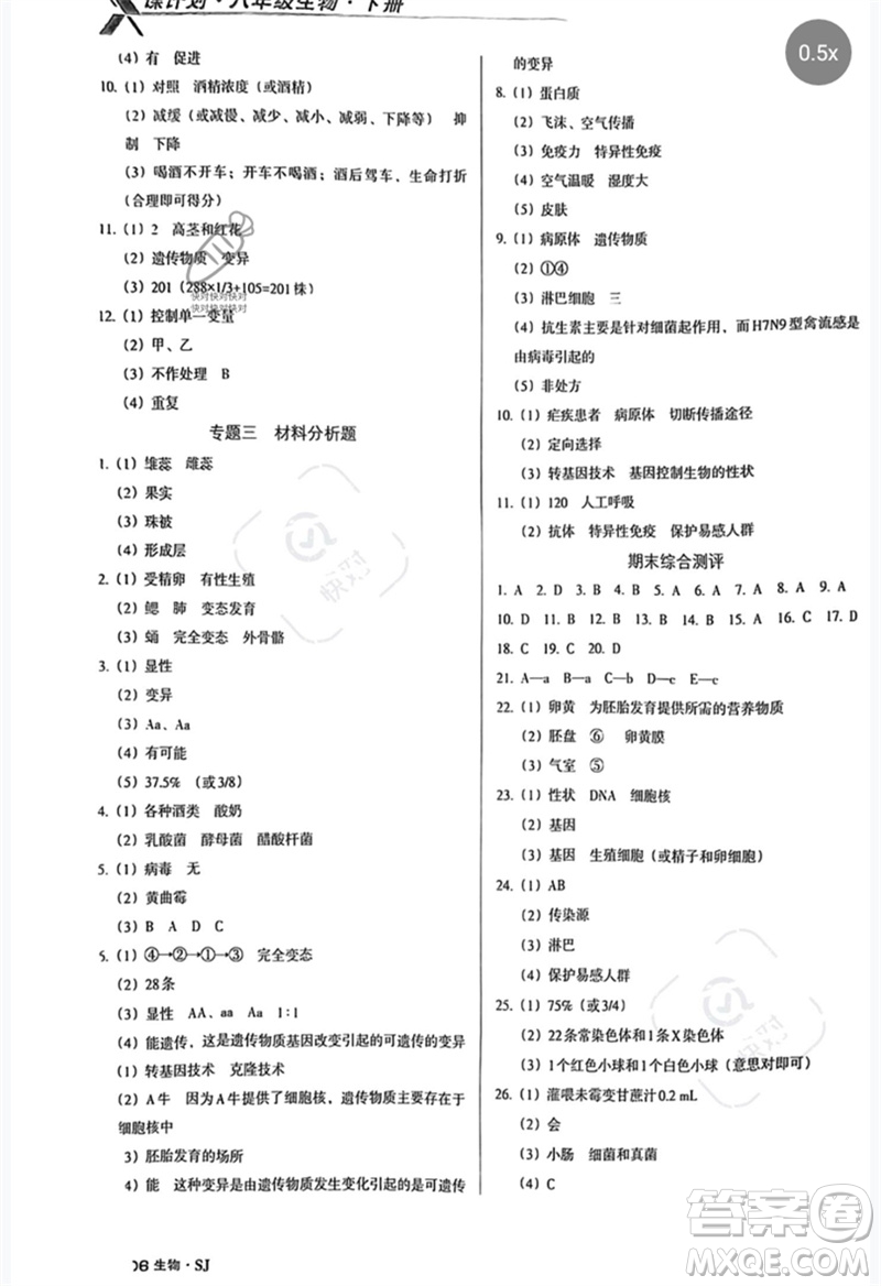 廣東經(jīng)濟出版社2023全優(yōu)點練課計劃八年級生物下冊蘇教版參考答案