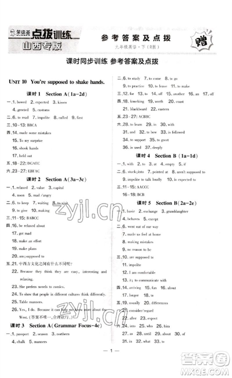 安徽教育出版社2023點(diǎn)撥訓(xùn)練九年級(jí)英語(yǔ)下冊(cè)人教版山西專版參考答案