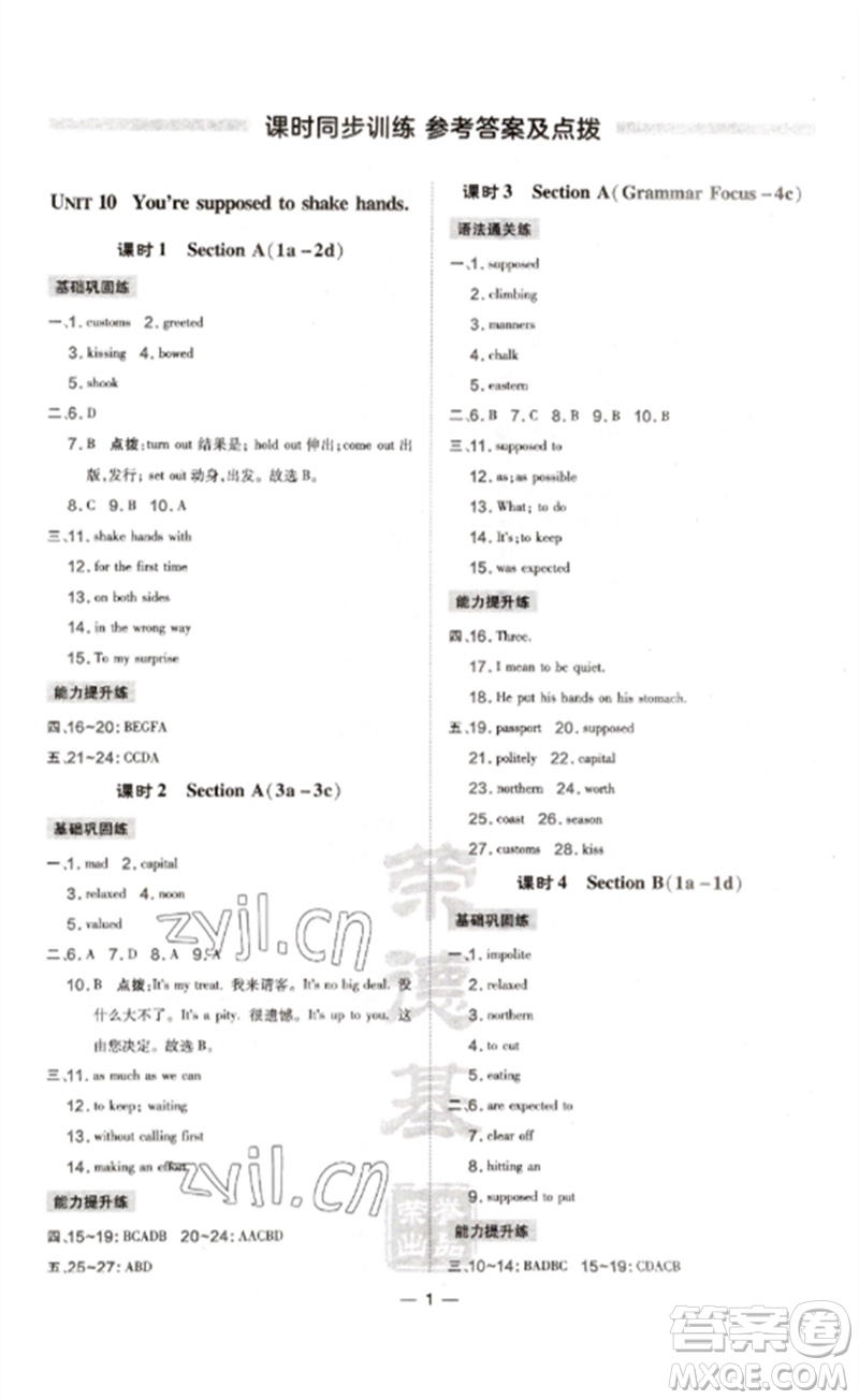 安徽教育出版社2023點(diǎn)撥訓(xùn)練九年級(jí)英語下冊(cè)人教版安徽專版參考答案