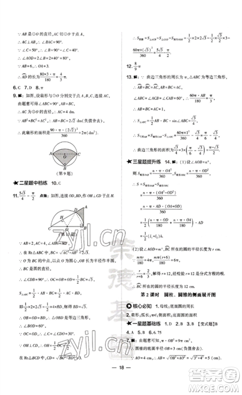 山西教育出版社2023點撥訓(xùn)練九年級數(shù)學(xué)下冊滬科版安徽專版參考答案