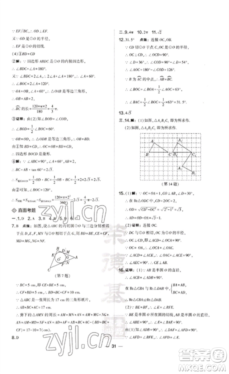 山西教育出版社2023點撥訓(xùn)練九年級數(shù)學(xué)下冊滬科版安徽專版參考答案