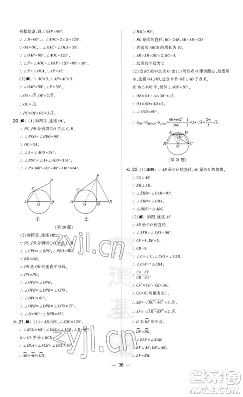 山西教育出版社2023點撥訓(xùn)練九年級數(shù)學(xué)下冊滬科版安徽專版參考答案