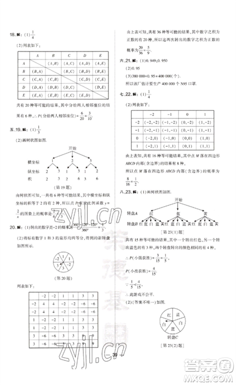 山西教育出版社2023點撥訓(xùn)練九年級數(shù)學(xué)下冊滬科版安徽專版參考答案