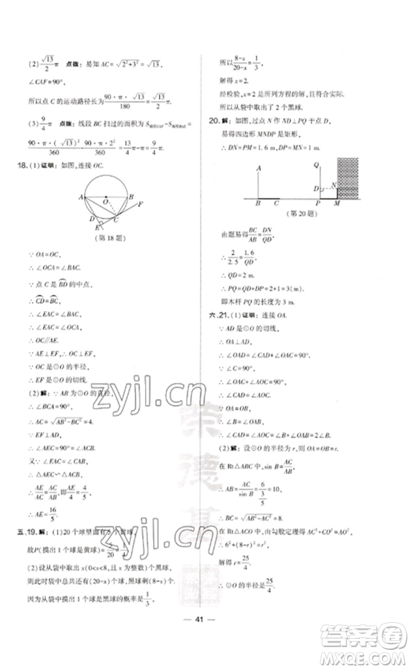 山西教育出版社2023點撥訓(xùn)練九年級數(shù)學(xué)下冊滬科版安徽專版參考答案