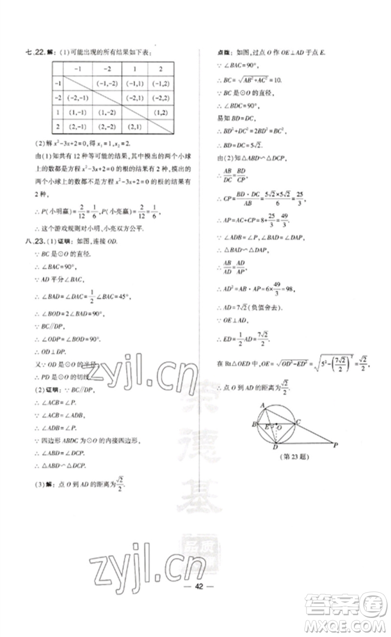 山西教育出版社2023點撥訓(xùn)練九年級數(shù)學(xué)下冊滬科版安徽專版參考答案